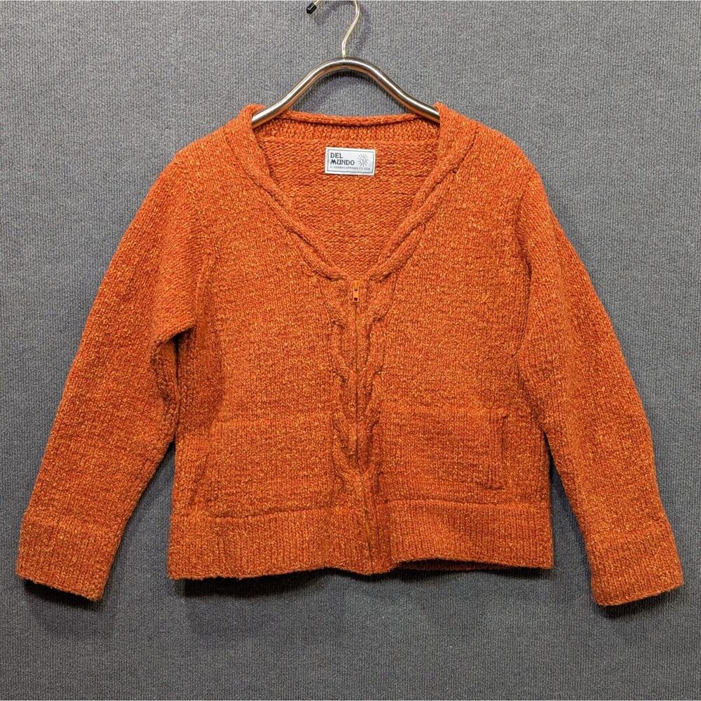 Del Mundo Cardigan Sweater Womens Small/Medium Full Zip Cable Knit Trim USA Made